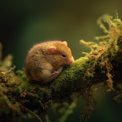 Fototapeta premium Adorable Small Mouse on Mossy Branch