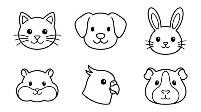 Collection of Cute Hand Drawn Pet Faces Vector Illustration.