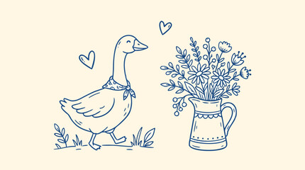 Cute Blue Monoline Goose with Bandana Standing Beside Wildflower Bouquet in Pitcher with Hearts in Doodle Line Art Style for Farm Graphic Design © Art_spiral