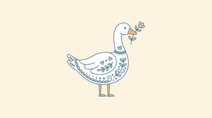 Fototapeta premium Cute Decorative Goose with Folk Art Floral Body Pattern Holding a Small Flower in Pastel Colors for Spring and Easter Graphic Design