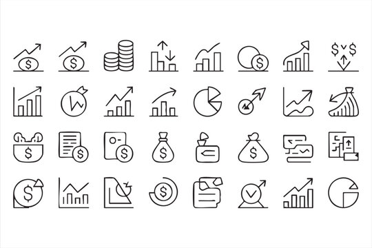 Financial growth, statistics and chart icons for business intelligence dashboards and UI systems