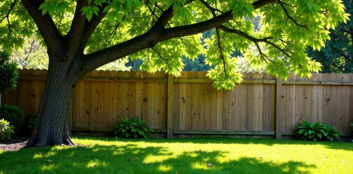 Sunny backyard with a large tree branch leaning over a wooden fence , backyard, california