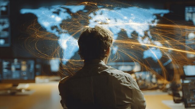 A male, Caucasian analyst observes a global network visualization, deep in thought in a darkened control room.