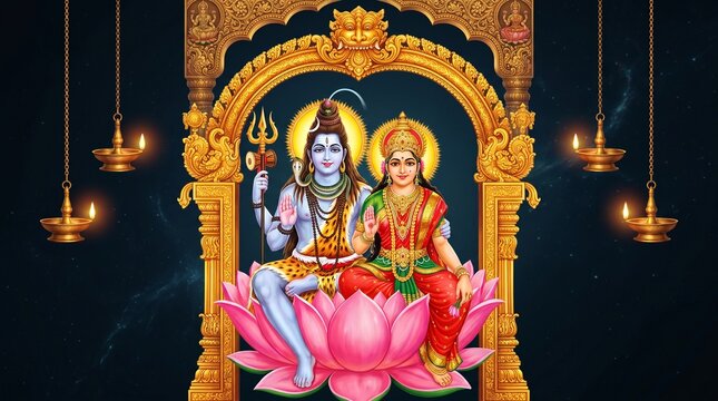 Divine portrayal of Shiva and Parvati sitting atop a lotus with lamps
