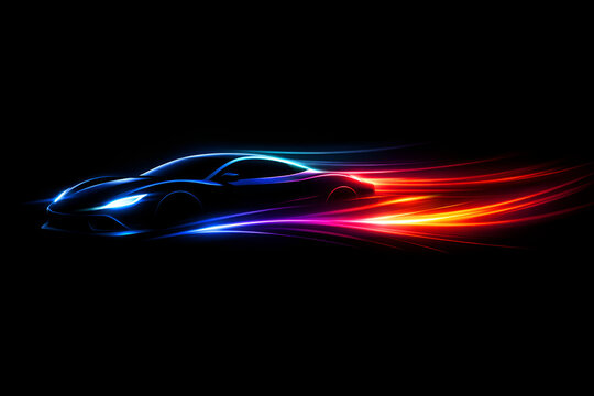 Abstract sleek neon light sports car silhouette vector with blue and red speed trails