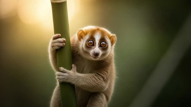 Close up portrait of a cute slow loris clinging to a bamboo stalk in the wild, nocturnal primate wildlife photography, concept of endangered species conservation and exotic nature