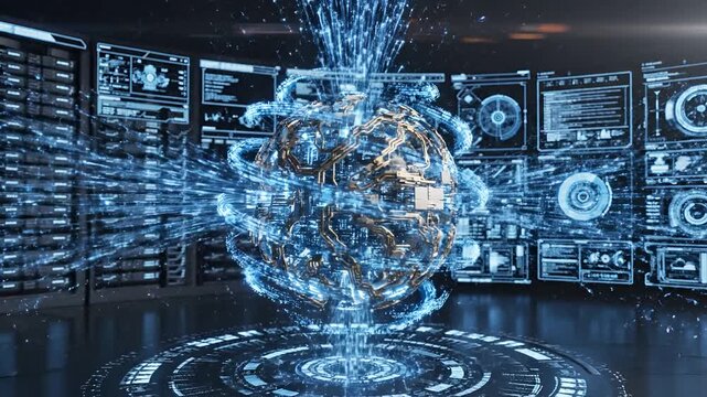 Futuristic Digital Globe Hologram Interface with Data Streams.
