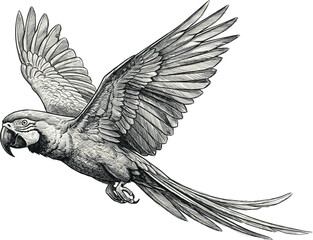 Flying Exotic Macaw Parrot Vector Illustration Featuring Hand Drawn Vintage Sketch Lines for Tropical Wildlife, Nature, and Rainforest Concept Designs © MSTNURAJA