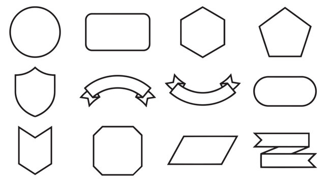 Minimal geometric badge and label shape outline set with shield ribbon chevron banner octagon and parallelogram for branding design