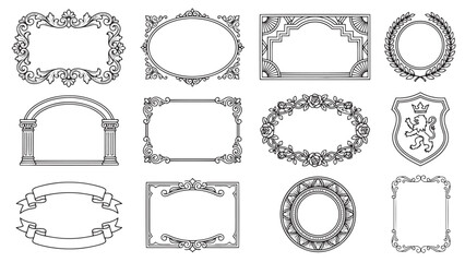 Ornate vintage decorative frame and border set with baroque floral wreath heraldic shield arch and ribbon for luxury formal design © Abdul