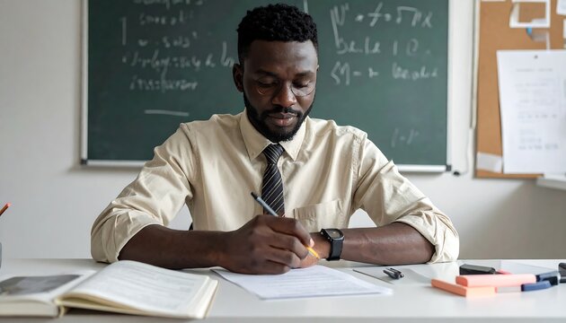Focused black teacher writing at desk in classroom with blackboard background