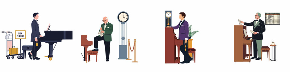 Vector illustrations of elegantly dressed men playing pianos in various settings like airports and hotel lobbies with clocks and travel accessories. © Slamet