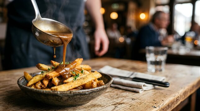 Chef pours hot brown gravy over crispy fries in a cozy restaurant bistro