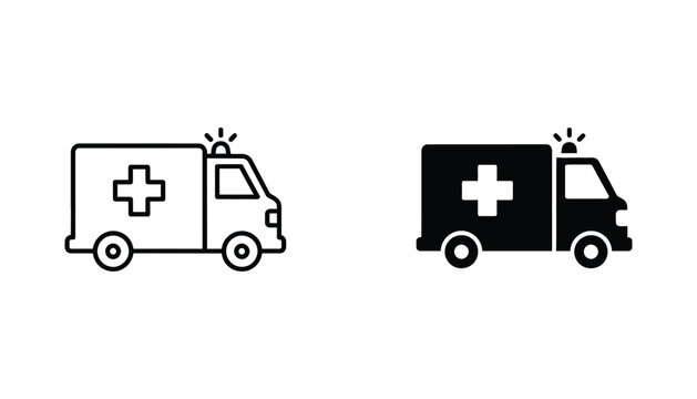 Set of minimalist ambulance icons in outline and solid black styles for medical emergency services and healthcare mobile applications or web user interface design