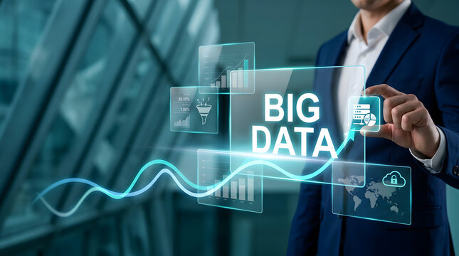 Businessman using big data analytics screen displaying glowing trendline chart and business intelligence statistics dashboard