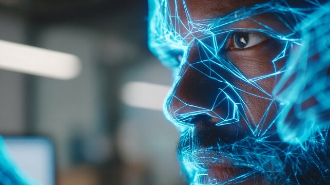 Close-up of a male with a futuristic digital overlay, showcasing blue geometric lines and glowing features.