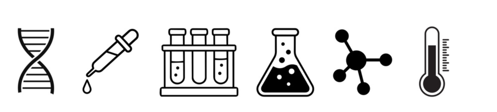 Science Laboratory Icons Vector Set. DNA Test Tube Molecule Thermometer Symbols. Medical Chemistry Line Illustration
