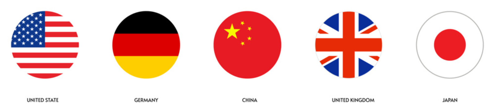 International Flags Collection Vector. USA Germany China UK Japan Flags. Round Country Flag Icons Illustration