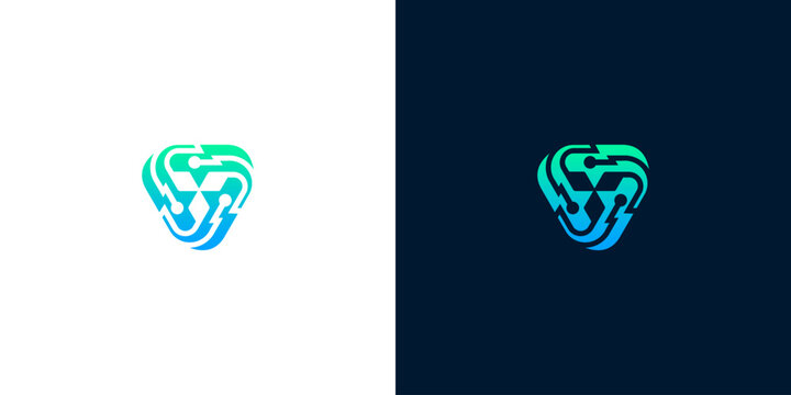 Abstract technology logo design with swirling interconnected digital circuits in blue and green gradients on white and dark backgrounds, representing innovation and connectivity