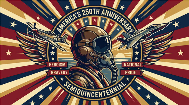 Retro America 250th Anniversary Semiquincentennial Pilot Badge Illustration - Heroism Bravery National Pride Crest Graphic