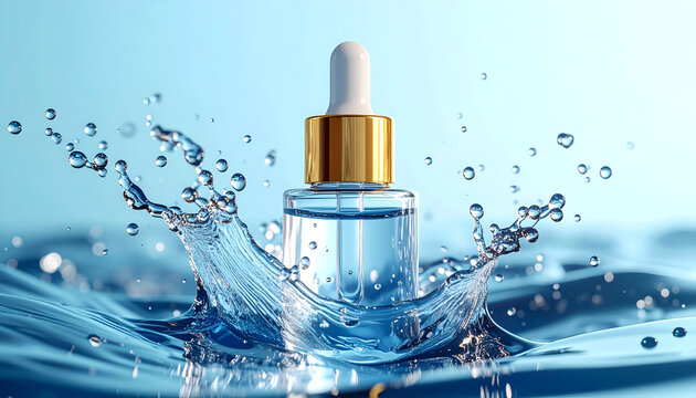 Luxury Skincare Serum Bottle Splashing in Water with Golden Cap.