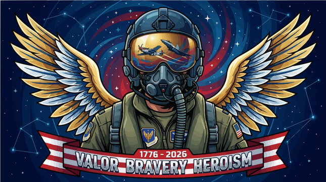 Patriotic American Fighter Pilot 2026 Semiquincentennial Illustration - 250 Years of Valor Bravery Heroism Vector Graphic
