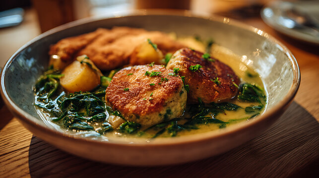 Pan seared salmon fillet with creamy spinach and baby potatoes in rustic bowl, gourmet seafood dinner with rich sauce and elegant restaurant presentation