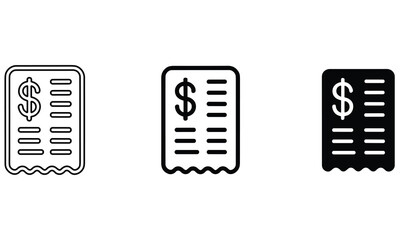 Financial receipt icons featuring dollar signs and line items displayed in three distinct graphic styles for modern business interface designs © StockMint