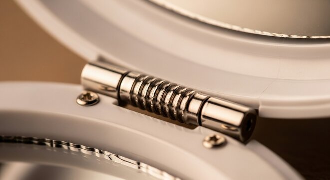 Close-up of a high-quality metal hinge on a white toilet seat.