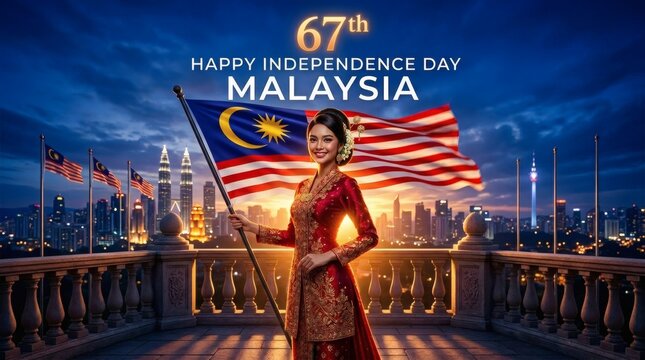 Elegant Malaysian Woman Holding National Flag on Balcony with Kuala Lumpur Skyline at Sunset
