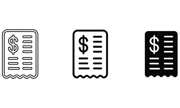 Financial receipt icons featuring dollar signs and line items displayed in three distinct graphic styles for modern business interface designs