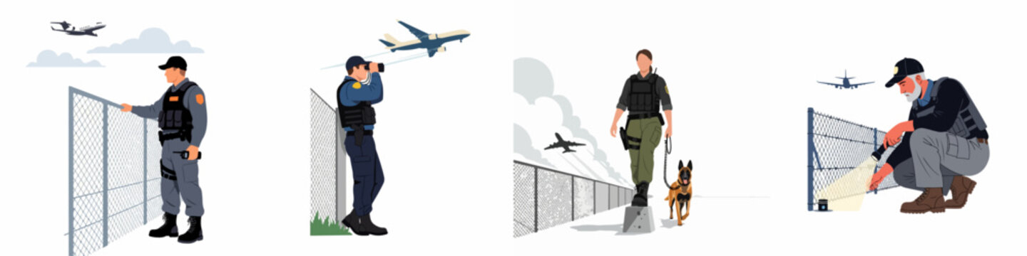 Illustrations showing various airport security tasks including patrolling with a K9 dog, monitoring perimeter fences with binoculars, and performing night inspections with flashlights.