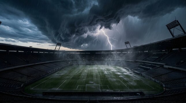 Football stadium under storm clouds with lightning illuminating the empty pitch and stands