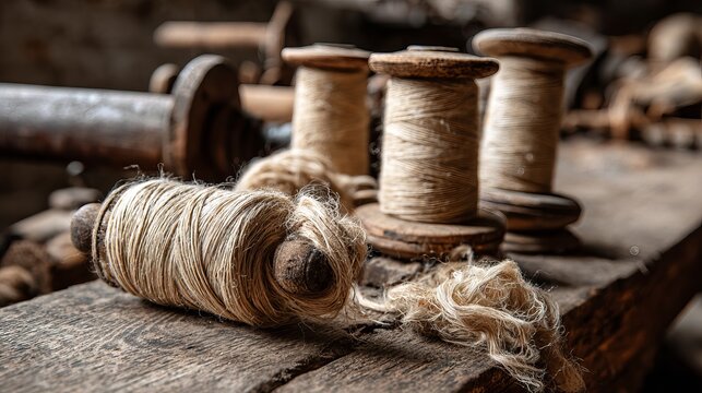 A close-up view of rustic wooden spools of twine on a weathered workbench in a vintage workshop setting.