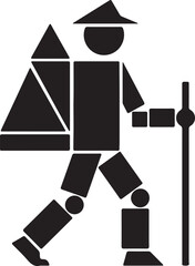 Fototapeta premium A minimalist black silhouette of a hiker composed of geometric shapes, carrying a pack and a walking stick, in a Bauhaus-inspired graphic style.