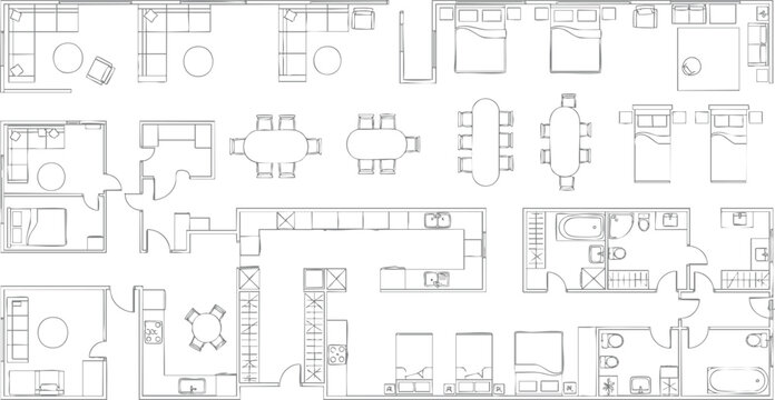 Set of architectural floor plan furniture symbols including sofas tables beds and kitchen layouts for interior design