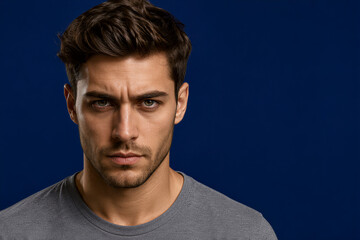 Fototapeta premium Serious Young Man Portrait on Dark Blue Background as Masculine Confidence and Modern Lifestyle Branding Concept 