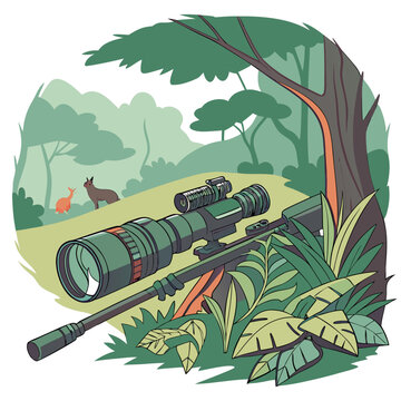 Large rifle with scope and bipod hidden in forest foliage with animals