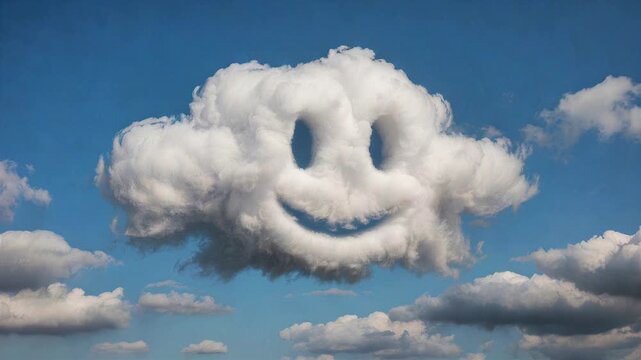 Smiling fluffy cloud floating in a bright blue sky with whimsical style.