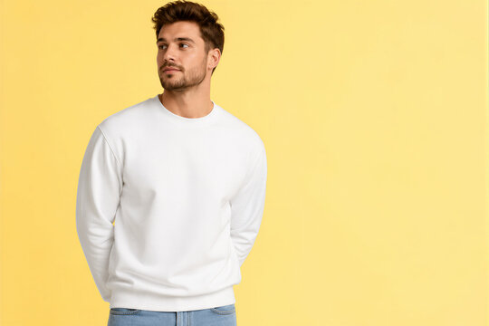Blank White Sweatshirt Mockup on Male Model as Apparel Branding and Print on Demand Concept
