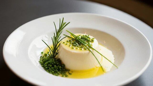 Savory Panna Cotta Appetizer with Fresh Chives and Rosemary Oil in a White Bowl for Fine Dining Restaurant Menu or Gourmet Food Photography Concept