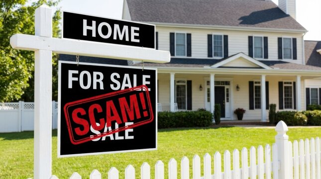 Real estate scam alert home for sale sign with red scam stamp in front of house