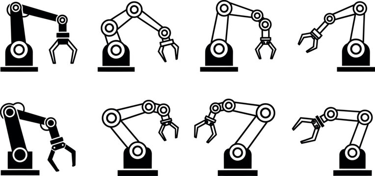 Illustration of A set of robotic arms with various claws in industrial automation and manufacturing technology.