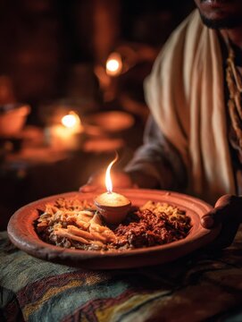Traditional Ethiopian Gurage Kitfo Feast on Clay Plate by Candlelight