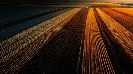 Drone analyzing farmland with AI-generated soil data overlay at sunset, showcasing agribusiness innovation in agriculture technology