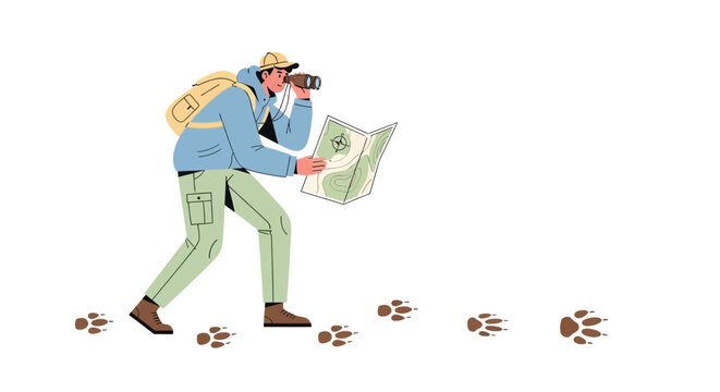 Adventurous Hiker Tracking Footprints with Map and Binoculars.