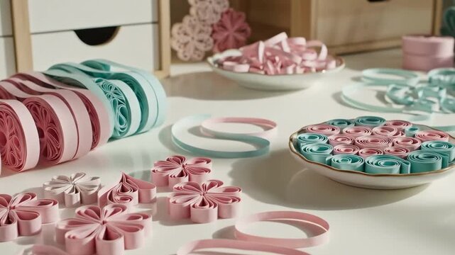 Pastel craft maker studio table with rolled paper strips, quilled flower shapes, mint and rose ribbons, tidy white drawers, delicate handmade decoration layout in bright gentle morning light