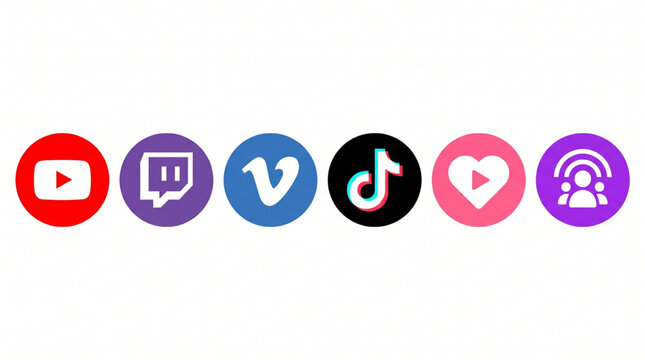 Collection of Popular Video Social Media Icon Logos Vector Set Including YouTube Twitch Vimeo TikTok Likee and Live Streaming Broadcast Logos on White Background for Web App and Mobile Interface