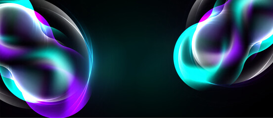 Naklejka premium Abstract swirls, vibrant colors, teal, purple, white. Dynamic composition against dark background creates modern visual impact.