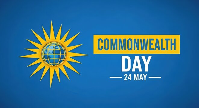 Happy commonwealth day tech background with a bright yellow sun framing a blue digital earth sphere layout